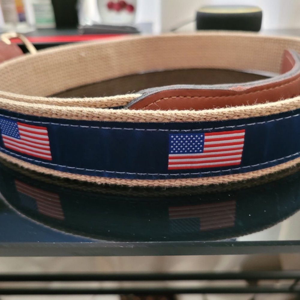 Skippers Nautical American Flag Leather Tip Belt, Navy w/Khaki Webbing, 38